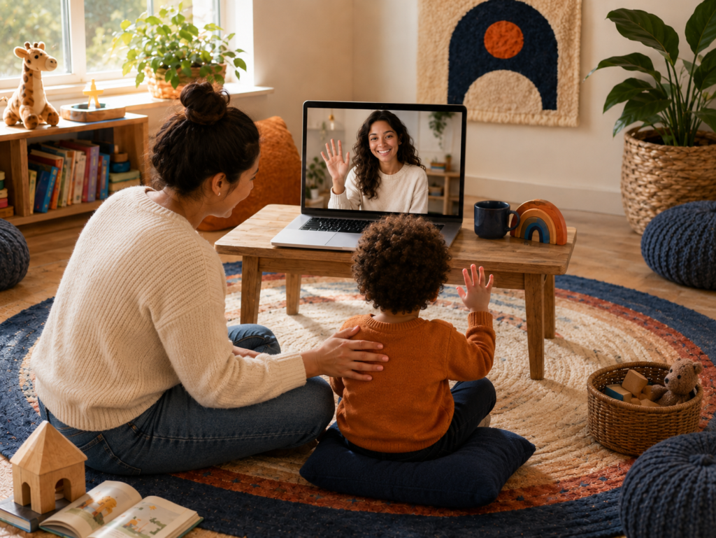 A parent and child at home joining a morning welcome circle video call with a DGLA teacher